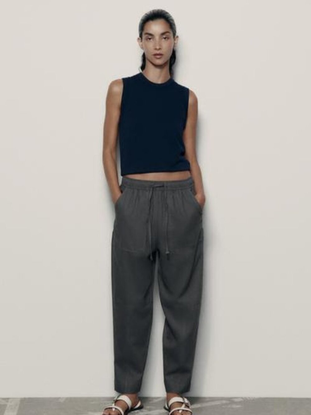 Zara Tapered Linen Blend Pants Dark Gray Size L NWT Elastic Waist Drawstring